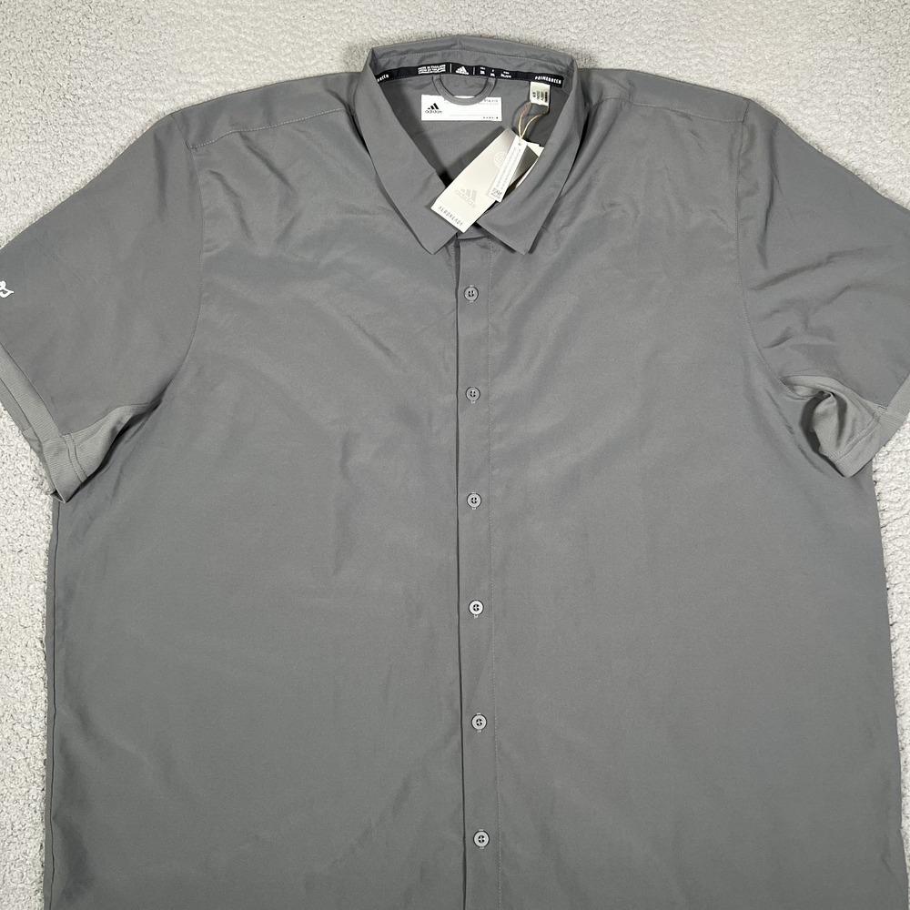 Adidas Shirt Mens 2XL Gray Full Button Shirt Vented Performance Stretch Logo NWT - Picture 3 of 15